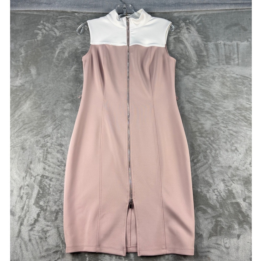 Enfocus Studio Dress Womens 6 Sheath Pink White Colorblock Front Zip EUC